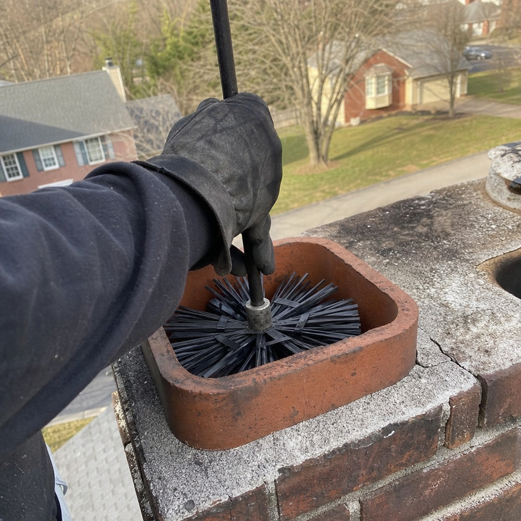 Professional chimney sweep cleaning a chimney flue from the roof