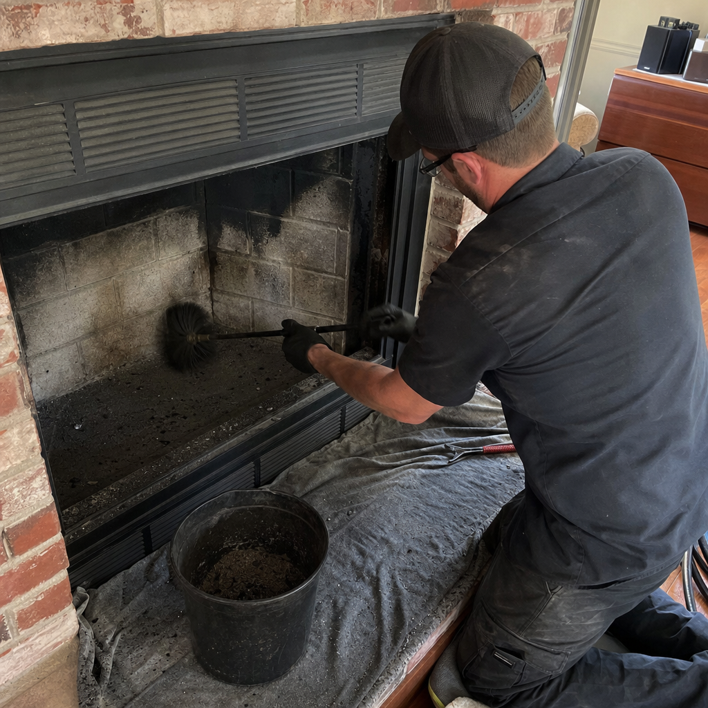 Professional chimney sweep cleaning interior fireplace bricks with a wire brush