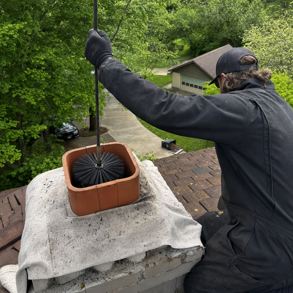 Professional chimney sweep cleaning a residential chimney flue with a brush
