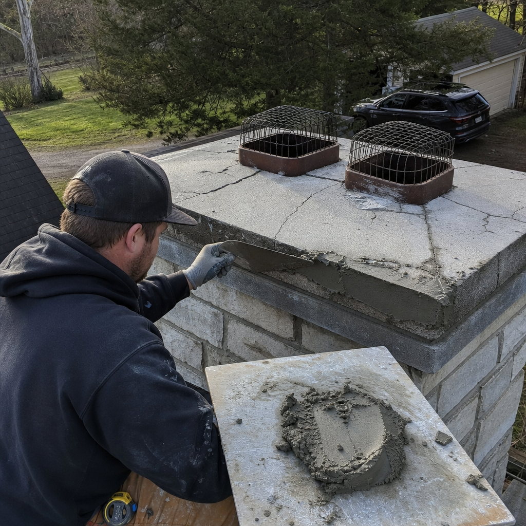 Professional technician performing masonry chimney crown repair on a roof