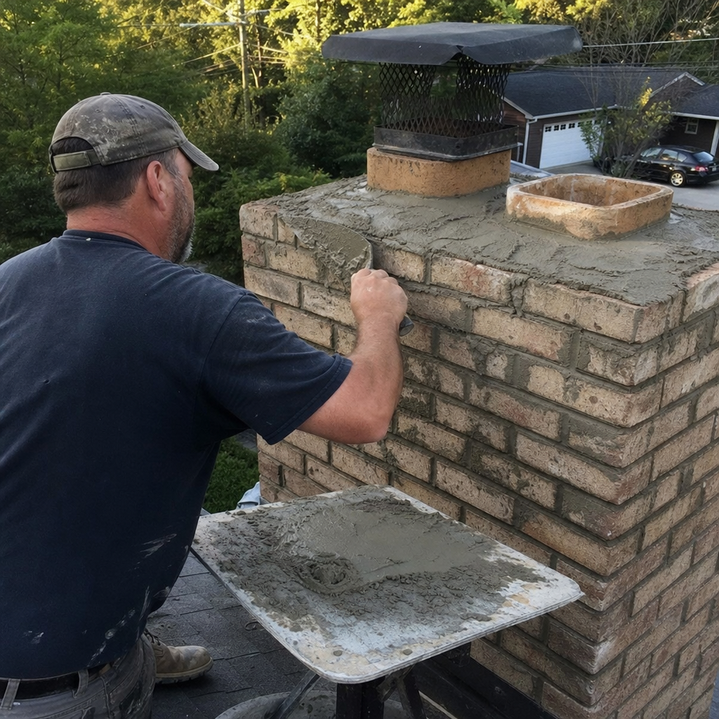 Professional mason applying mortar to repair a brick chimney crown