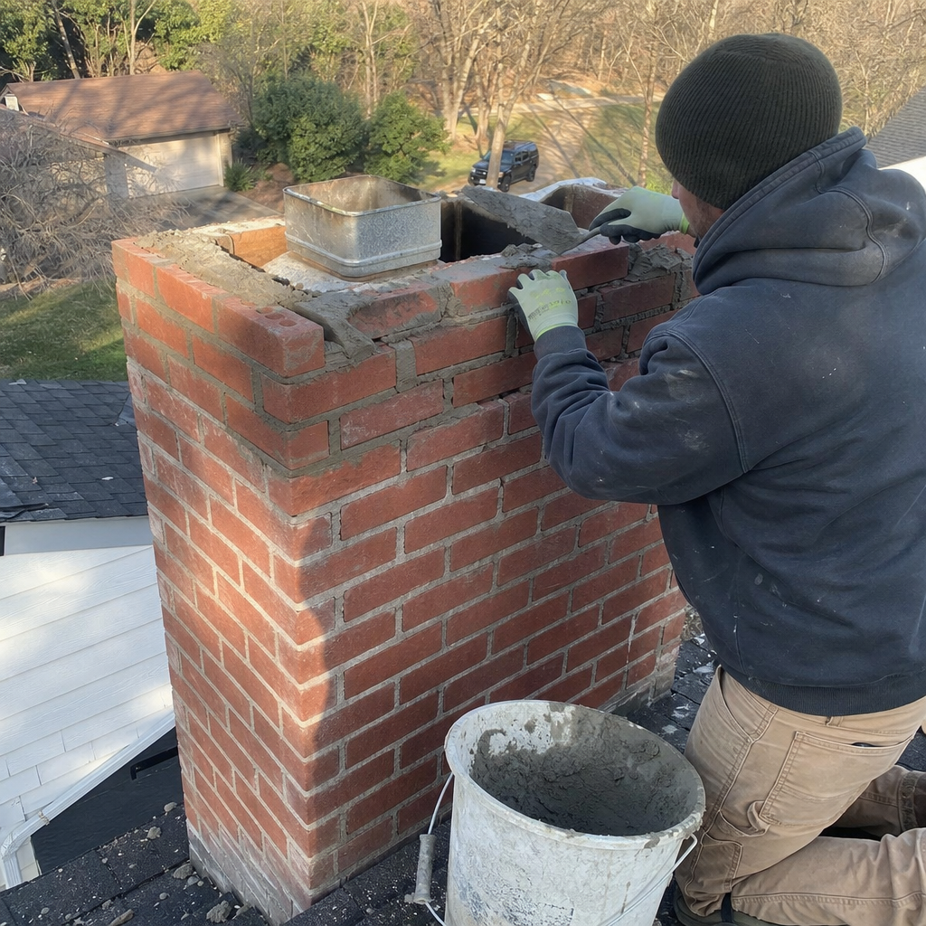 Professional mason performing expert brick chimney repair and mortar work