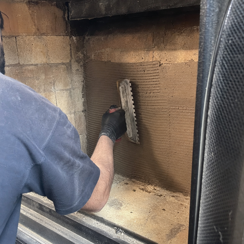 Technician applying mortar to a fireplace wall during maintenance