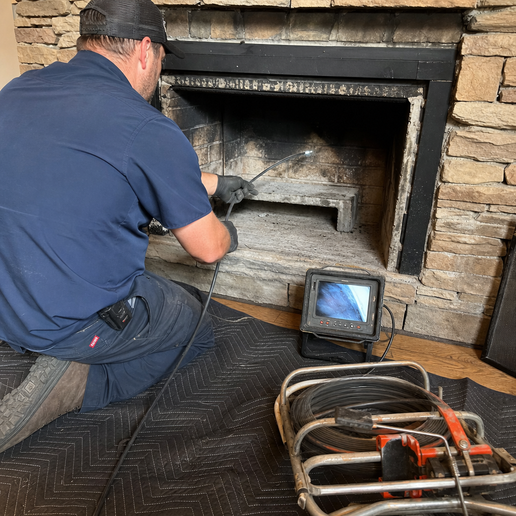 Technician using a fireplace inspection camera for professional chimney service
