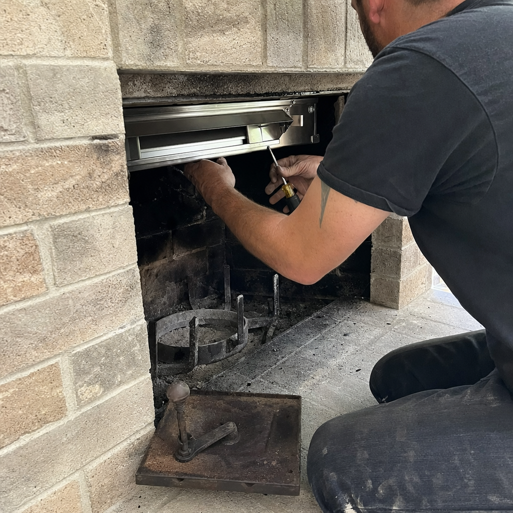 Technician performing professional fireplace damper installation and chimney maintenance services