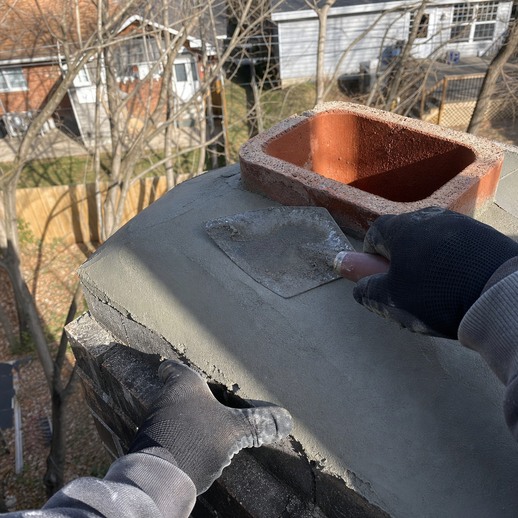 Technician smoothing a fresh cement chimney crown with a trowel. in Tennessee, TN