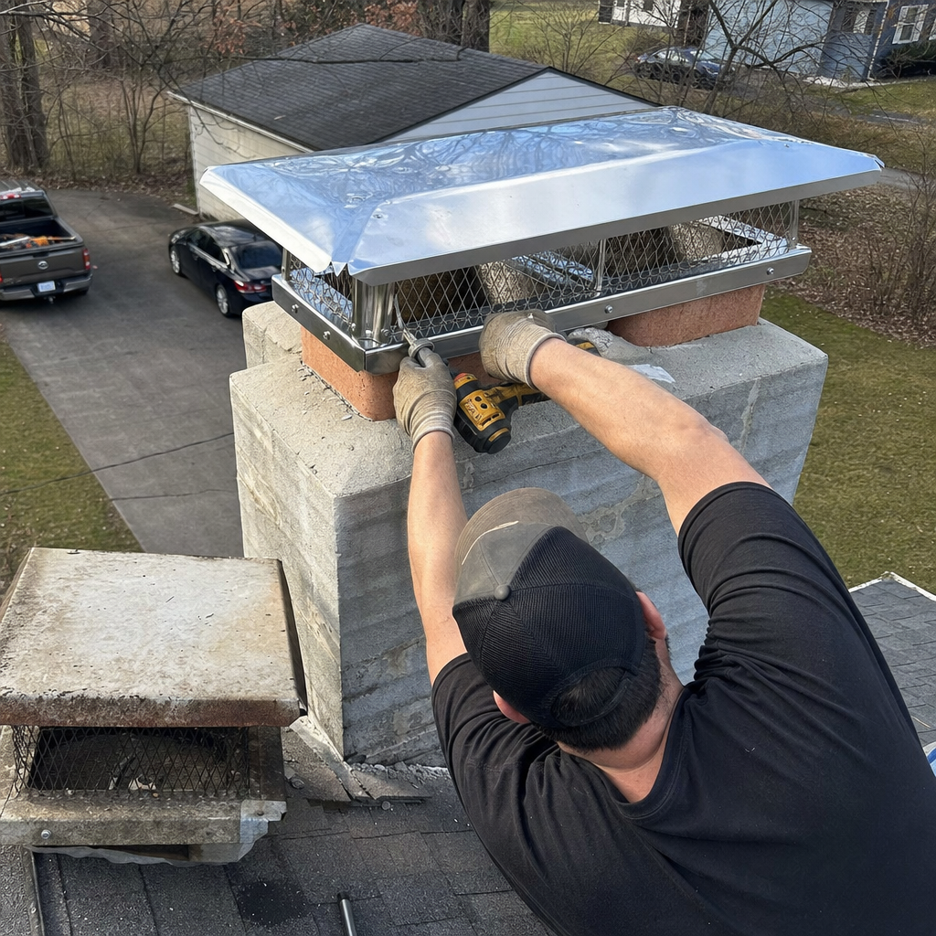 Technician installing a new stainless steel chimney cap on a chimney in Tennessee, TN