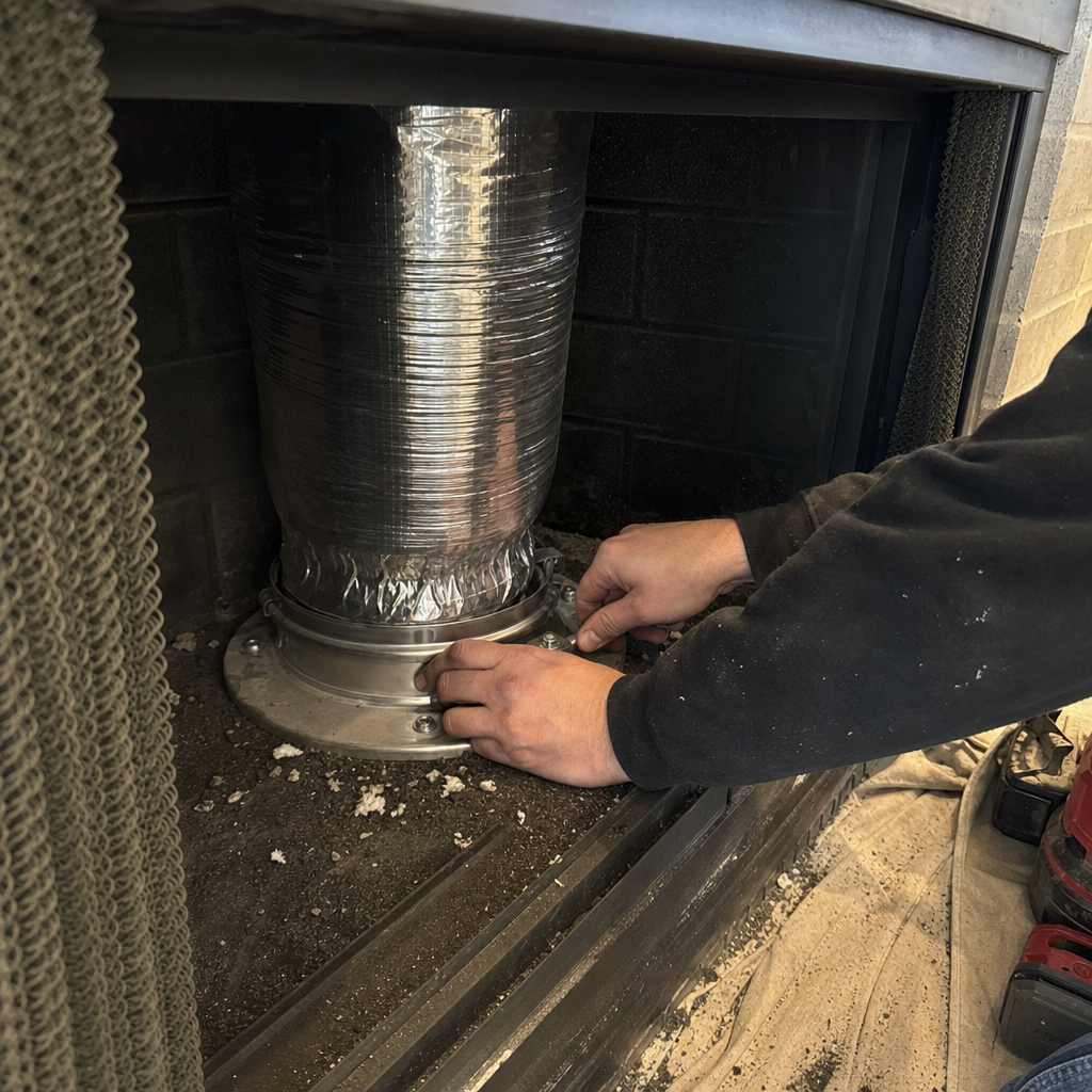 Technician installing professional chimney liner for fireplace repair and maintenance in Tennessee, TN