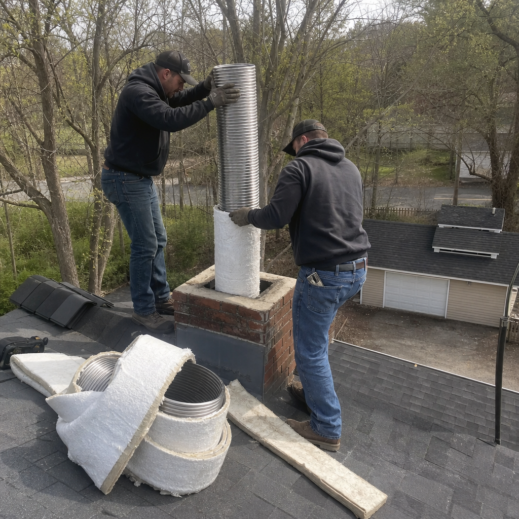 Two contractors installing a professional stainless steel chimney liner in Springfield, TN